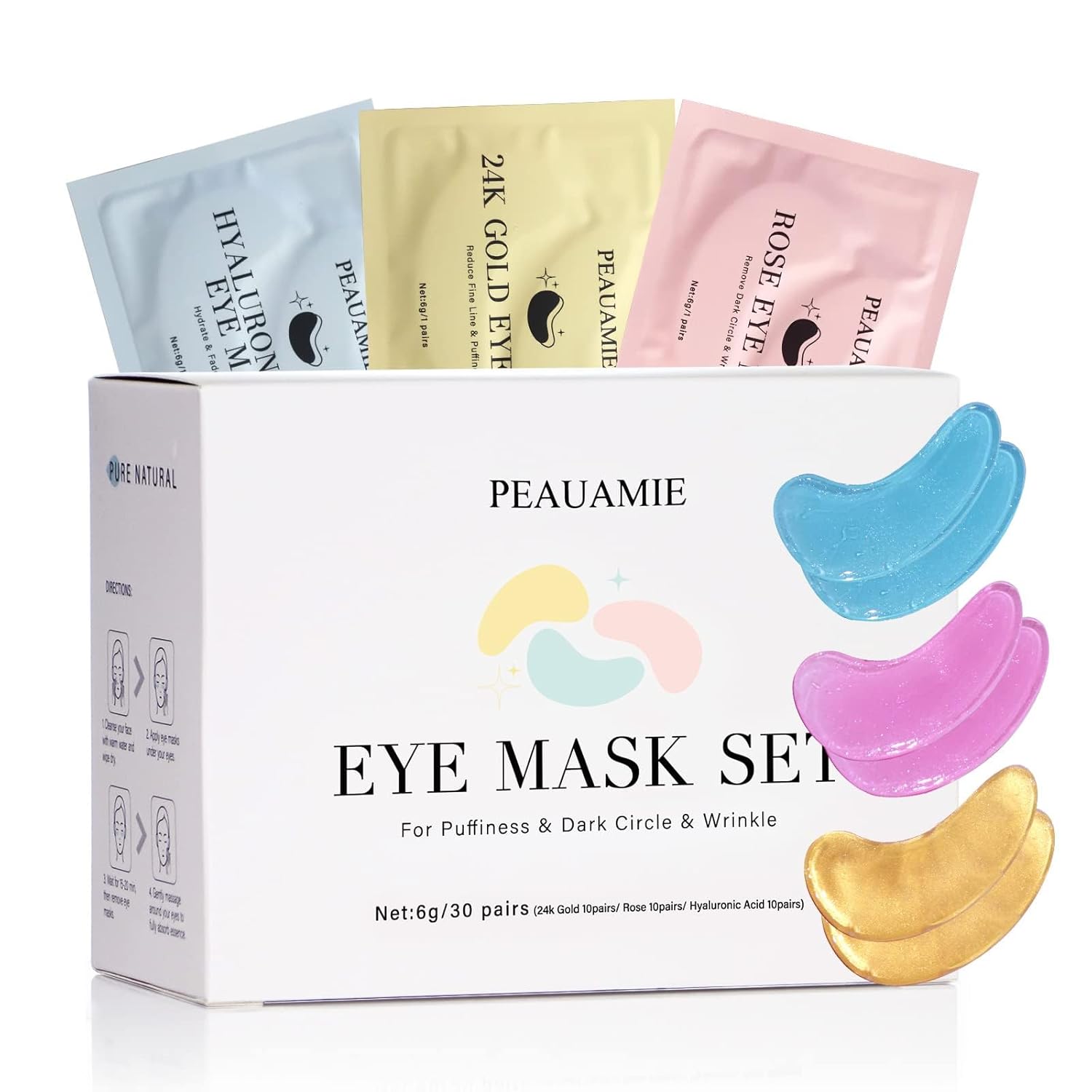 PEAUAMIE Hydrogel Under Eye Patches Set with Hyaluronic Acid & Gold (30 Pairs)