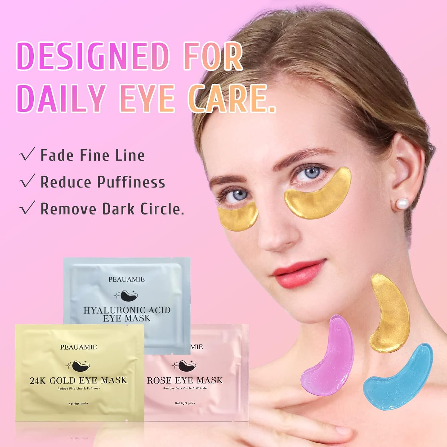 PEAUAMIE Hydrogel Under Eye Patches Set with Hyaluronic Acid & Gold (30 Pairs)