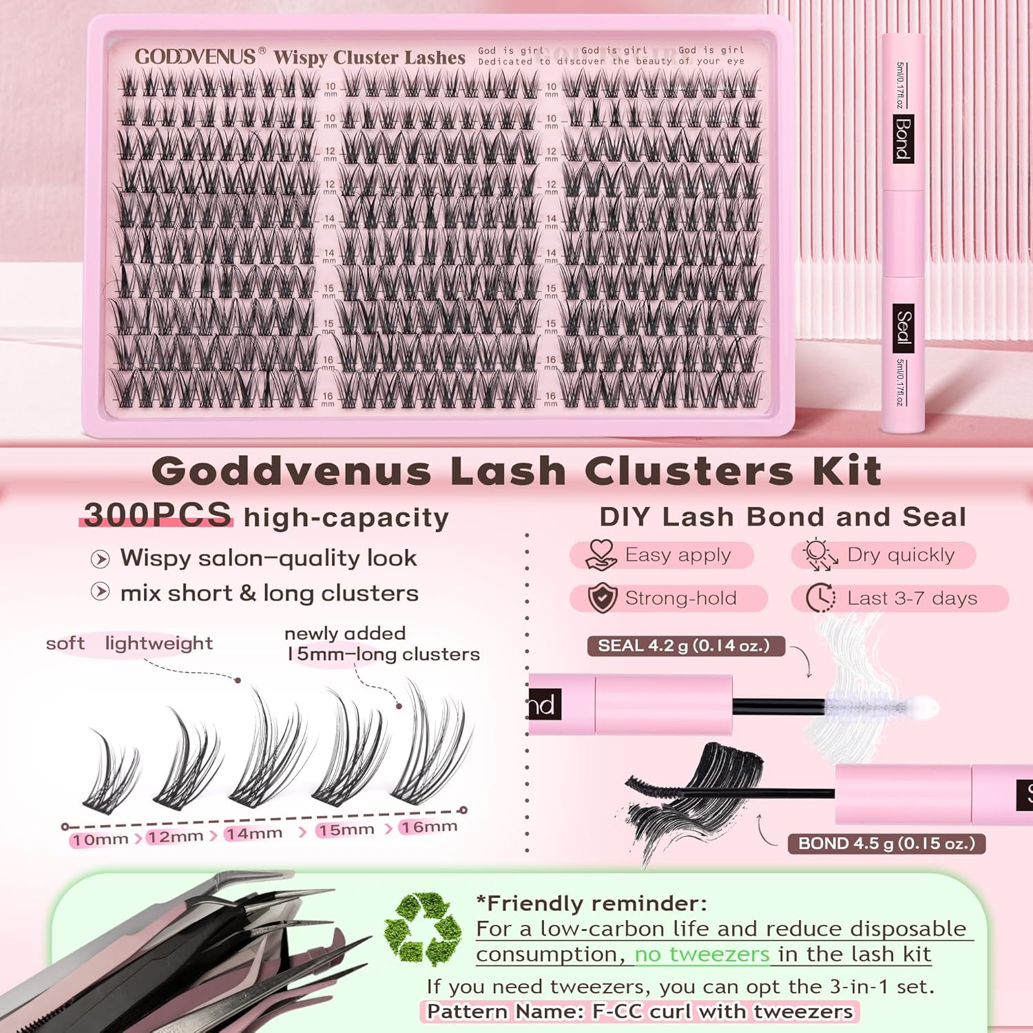 Goddvenus Wispy Lash Clusters Kit, C Curl Natural DIY Individual Eyelash Extensions (300 pcs, 10-16mm)