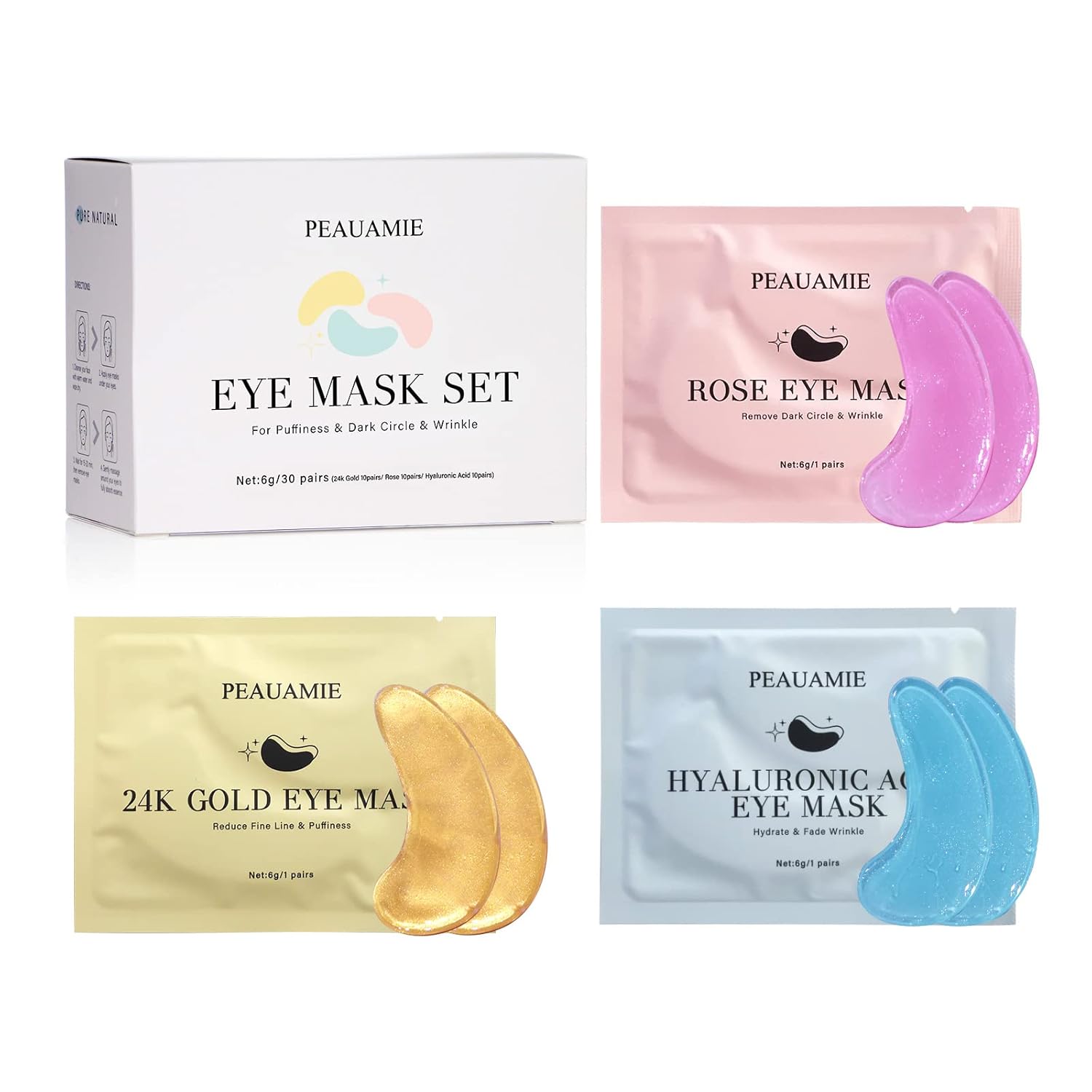 PEAUAMIE Hydrogel Under Eye Patches Set with Hyaluronic Acid & Gold (30 Pairs)