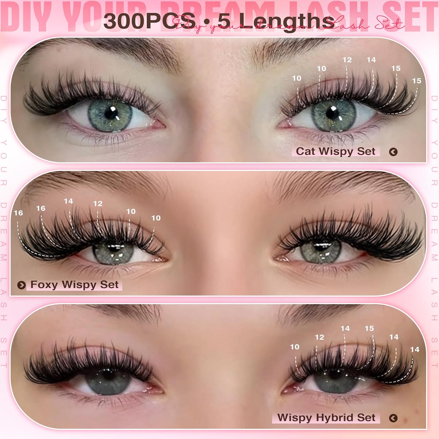 Goddvenus Wispy Lash Clusters Kit, C Curl Natural DIY Individual Eyelash Extensions (300 pcs, 10-16mm)